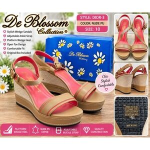 De Blossom Collection Dior-3 Nude PU Platform Wedge Sandals Ankle Strap Pink 10